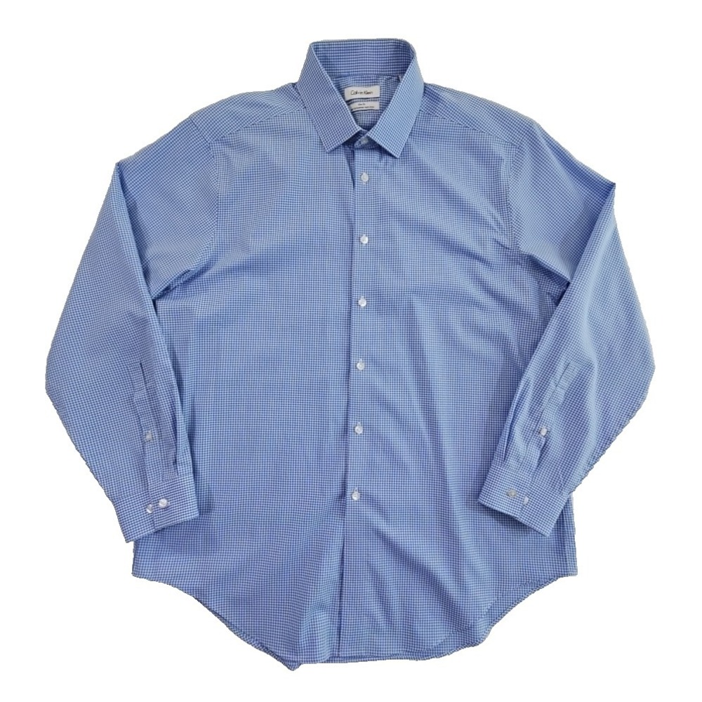 Calvin Klein Performance‎ Non-Iron Shirt Men's 16 1/2 32/33 LS BU Blue Check EUC
